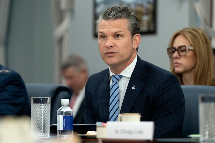 Secretary of Defense Pete Hegseth speaks during a meeting with Peru's Foreign Affairs Minister Elmer Schialer and Peru's Minister of Defense Walter Astudillo at the Pentagon, Monday, May 5, 2025, in Washington. (AP Photo/Mark Schiefelbein)