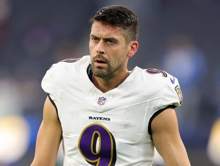 Baltimore Ravens place kicker Justin Tucker (9) walk on the field before an NFL football game against the Los Angeles Chargers, Monday, Nov. 25, 2024, in Inglewood, Calif.