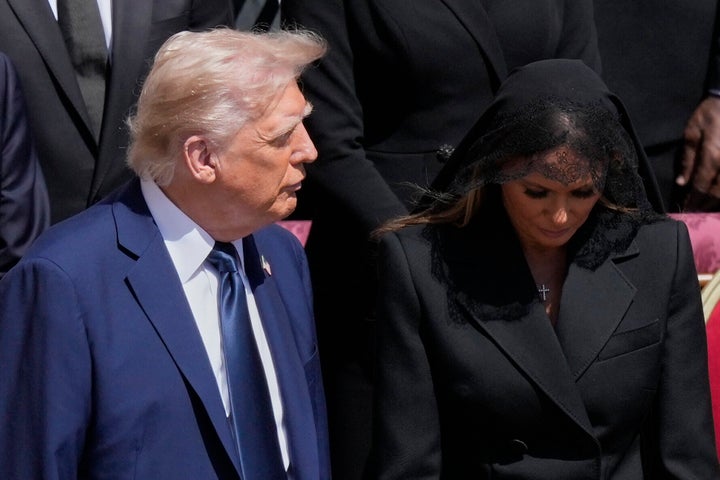 President Donald Trump and first lady Melania Trump are photographed at the funeral of Pope Francis in St. Peter's Square on April 26, 2025.