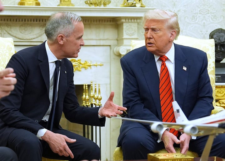 President Donald Trump (right) and Canadian Prime Minister Mark Carney (left) in the Oval Office on Tuesday, May 6, 2025.