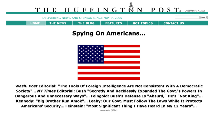 HuffPost's splash on Dec. 17, 2005. Top headline by Ken Lerer.
