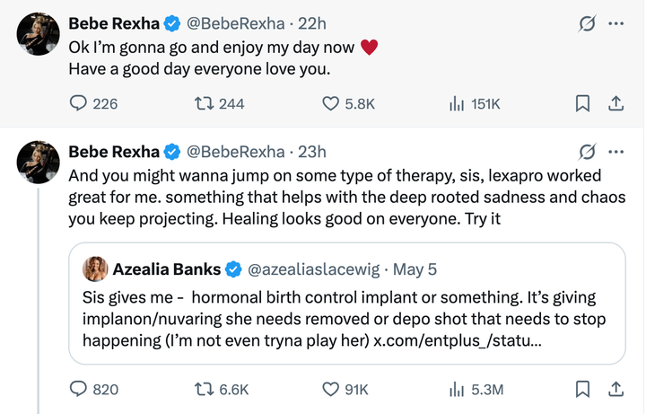 Bebe Rexha responded to Banks' cruel comments on X.