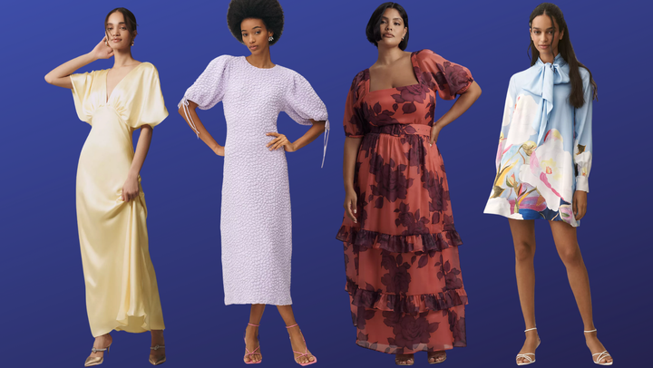 A satin slip dress, a textured midi dress, a floral dress with puff sleeves and a mini dress with a neck tie at Anthropologie.