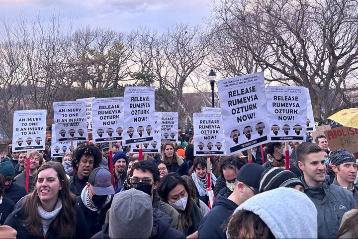 Hundreds of people gather in Somerville, Mass., on March 26, 2025, to demand the release of Rumeysa Ozturk, a Turkish student at Tufts University, who was arrested by federal agents Tuesday night. (AP Photo/Michael Casey, File)