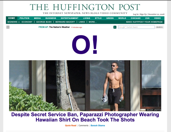 HuffPost's splash on Barack Obama's Hawaii vacation, Dec. 22, 2008. Headline by Katherine Thomson. 