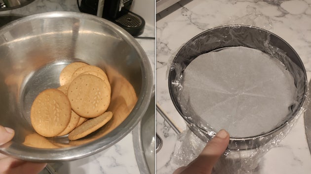 Digestives in a bowl on the left, and lined ton on the right