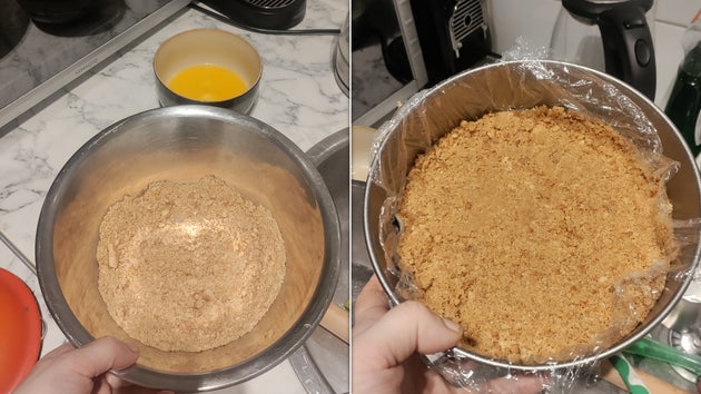 The biscuits and butter on the left; mixed and in the tin on the right