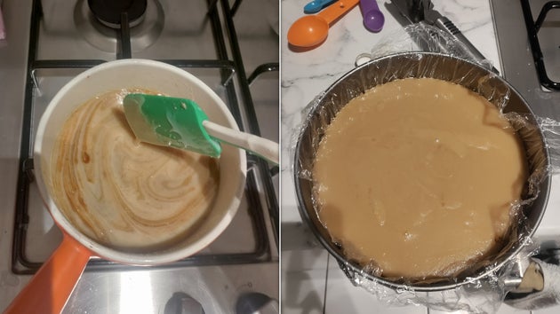 Cooking caramel on the left; caramel on the biscuit base on the right