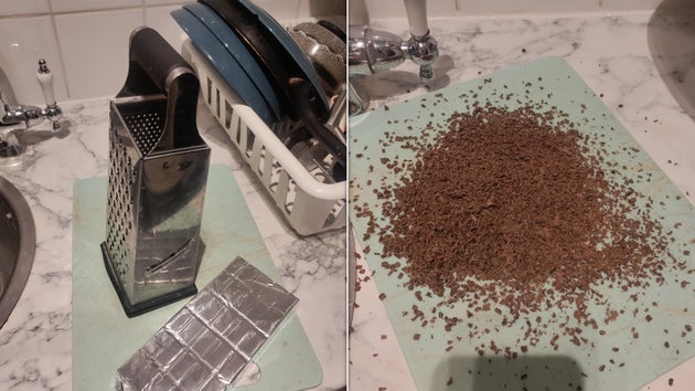 A chocolate bar and grater on the left; grated chocolate on the right