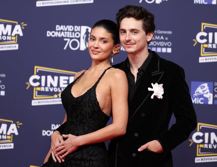 Timothée Chalamet (right) and Kylie Jenner (left) attend the red carpet during the 70th David Di Donatello at Cinecittà Studios on May 7 in Rome, Italy.