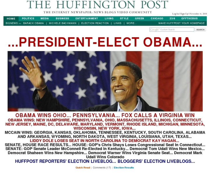HuffPost's splash the night Barack Obama won the presidency, Nov. 4, 2008.