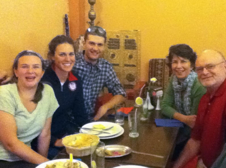 A pre-race family dinner in London in 2012. From left to right: Elizabeth Jorgensen (Gwen’s sister), Gwen, Patrick Lemieux (Gwen’s now-husband), and the author and Joel Jorgensen, Gwen's parents.