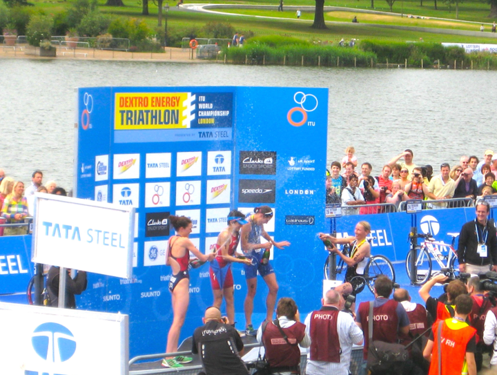Gwen (left) receiving her silver medal at the 2011 London World Championship, which qualified her for the London 2012 Olympic Games.