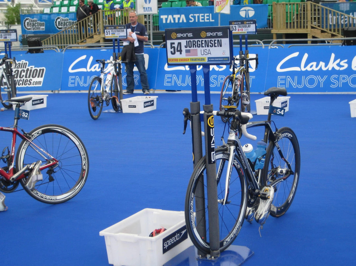 Gwen's bike setup in the transition zone at the London 2011 World Championships.