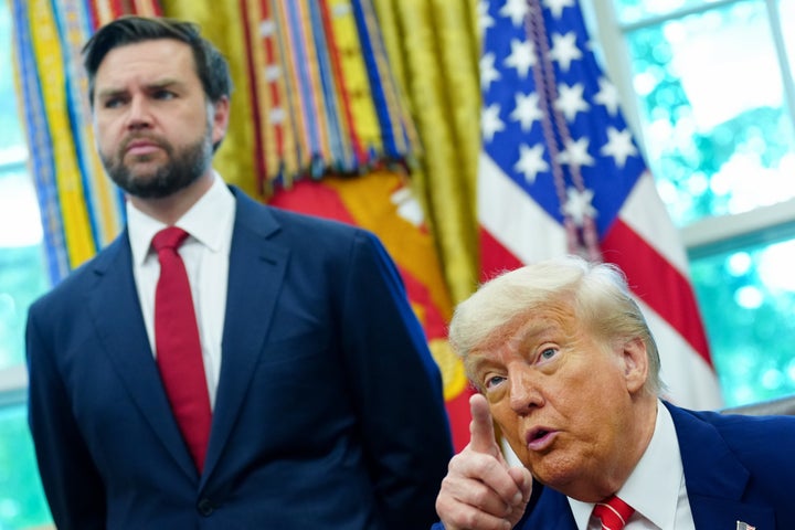 Vice President JD Vance (left) and President Donald Trump in the Oval Office of the White House in Washington, D.C., on Thursday, May 8, 2025. Trump announced a trade framework with the U.K., hailing it as a “breakthrough” that will bring down barriers and expand market access for American imports.