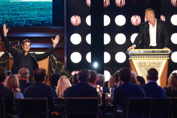 Tom Brady and Rob Gronkowski photographed onstage during the filming of "The Roast of Tom Brady" on May 5, 2024, in Inglewood, California.