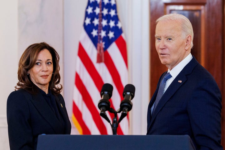 Then-Vice President Kamala Harris and then-President Joe Biden pose together on Jan. 15, 2025.