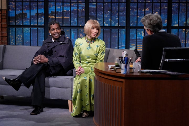 Anna Wintour and rapper A$AP Rocky during an interview on "Late Night" with host Seth Meyers on Wednesday.