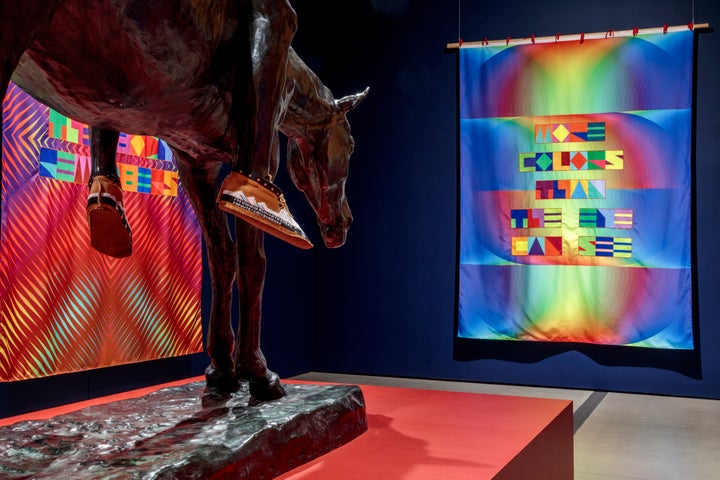 Installation view of "Jeffrey Gibson: the space in which to place me" at The Broad in Los Angeles. The exhibit is on display from May 10 to Sept. 28.