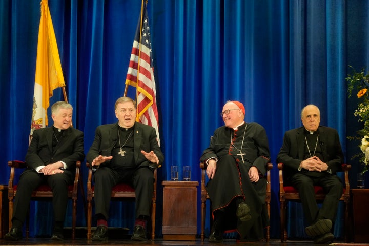 From left, U.S. Cardinals Blase Cupich of Chicago, Joseph Tobin of Newark, Timothy Dolan of New York, and Daniel Di Nardo, archbishop emeritus of Galveston Houston, attend a press conference at the North American College in Rome on Friday.