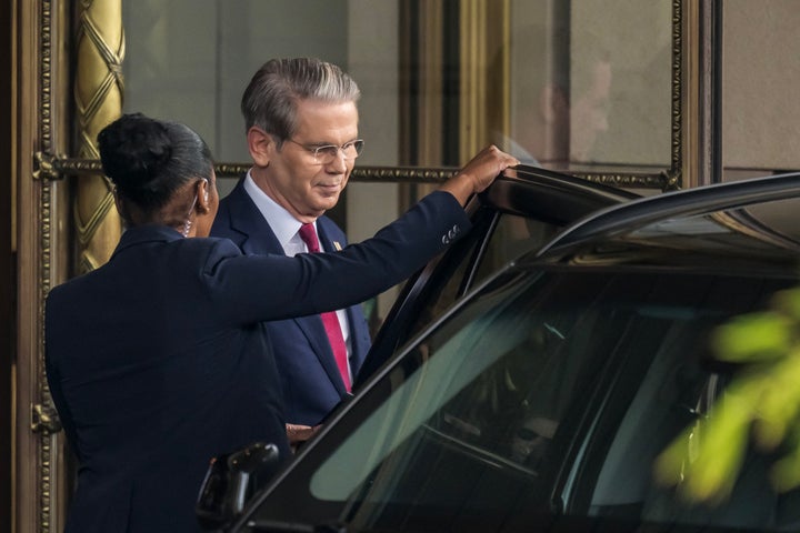 US Secretary of Treasury Scott Bessent leaves his hotel to a meeting with China's officials on tariffs in Geneva, on May 10, 2025. Senior US and Chinese officials are in Switzerland this weekend for talks aimed at de-escalating a burgeoning trade war sparked by President Donald Trump's sweeping tariff rollout, and fueled by strong retaliatory measures from Beijing. (Photo by Fabrice COFFRINI / AFP) (Photo by FABRICE COFFRINI/AFP via Getty Images)