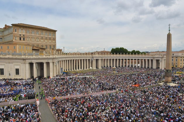 A crowd attends the first Sunday blessing by Pope Leo XIV at St. Peter's Square in the Vatican, on May 11. Leo (formerly Robert Francis Prevost) was elected to the papacy on May 8 following the death of Pope Francis on April 21.