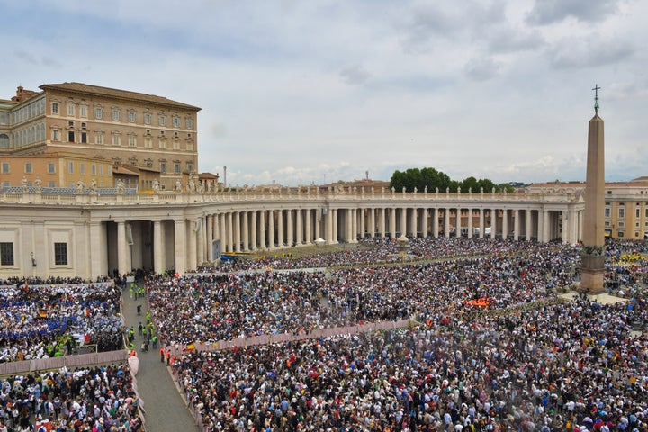 A crowd attends the first Sunday blessing by Pope Leo XIV at St. Peter's Square in the Vatican, on May 11. Leo (formerly Robert Francis Prevost) was elected to the papacy on May 8 following the death of Pope Francis on April 21.