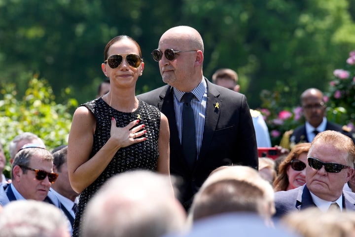 Adi and Yael Alexander, parents of Israeli American soldier and Hamas hostage Edan Alexander, stand during a National Day of Prayer event in the Rose Garden of the White House in Washington, D.C., on Thursday, May 1, 2025. Hamas agreed on May 11 to release Edan Alexander, the last surviving American hostage, in exchange for a ceasefire and for Israel to reopen the humanitarian crossings after two months of blocking desperately needed aid for Palestinians.