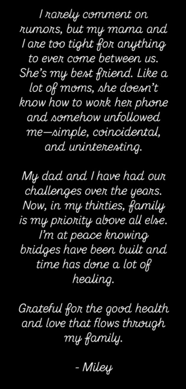 Miley Cyrus shared the above statement on her Instagram page over the weekend
