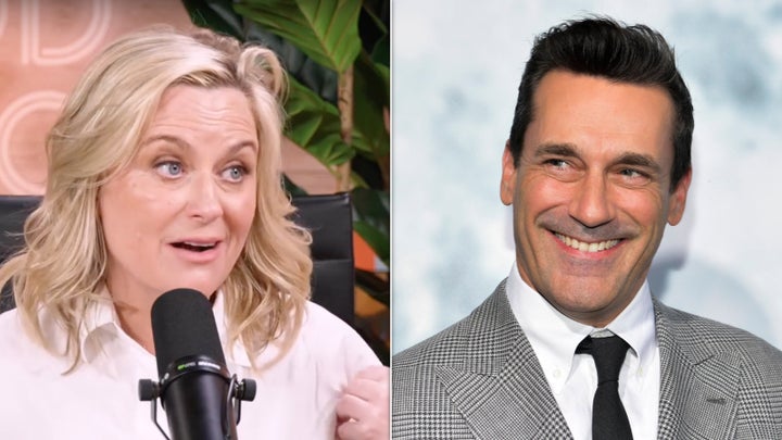 Amy Poehler (left) recounted on her podcast an incident with Jon Hamm (right) that occurred when she was pregnant with her first child.