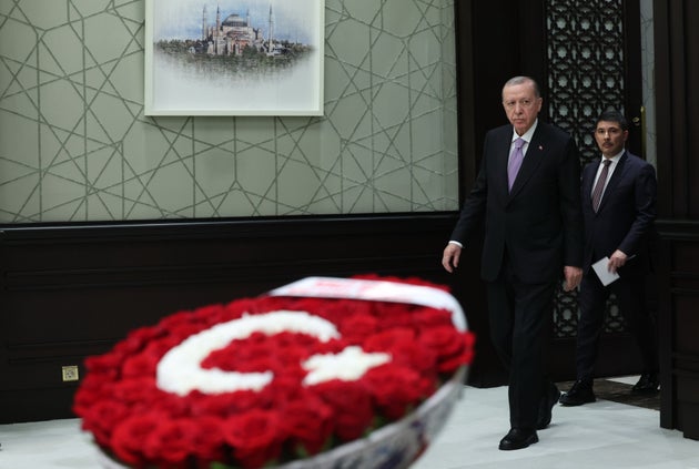 ANKARA, TURKIYE - MAY 12: (----EDITORIAL USE ONLY - MANDATORY CREDIT - 'TURKISH PRESIDENCY / MUSTAFA KAMACI / HANDOUT' - NO MARKETING NO ADVERTISING CAMPAIGNS - DISTRIBUTED AS A SERVICE TO CLIENTS----) Turkish President Recep Tayyip Erdogan chairs the Cabinet Meeting at the Presidential Complex in Ankara, Turkiye on May 12, 2025. (Photo by TUR Presidency/Mustafa Kamaci/Anadolu via Getty Images)