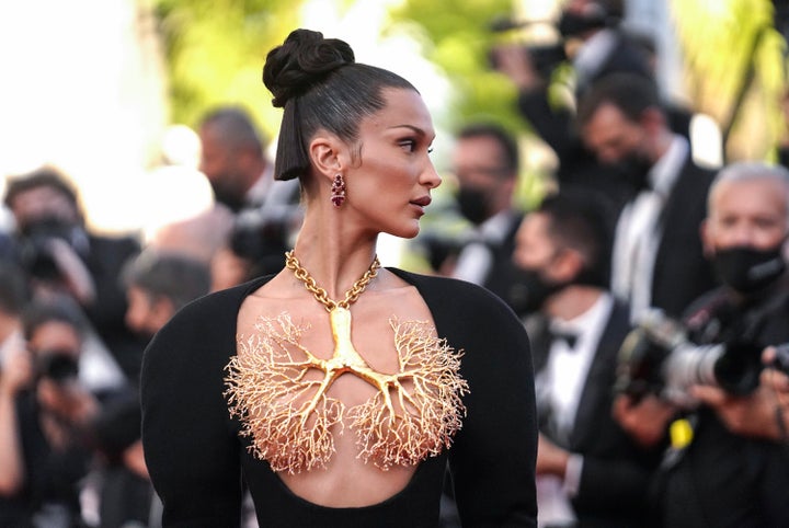 Dresses like this 2021 look from Bella Hadid are now likely banned from Cannes Film Festival.