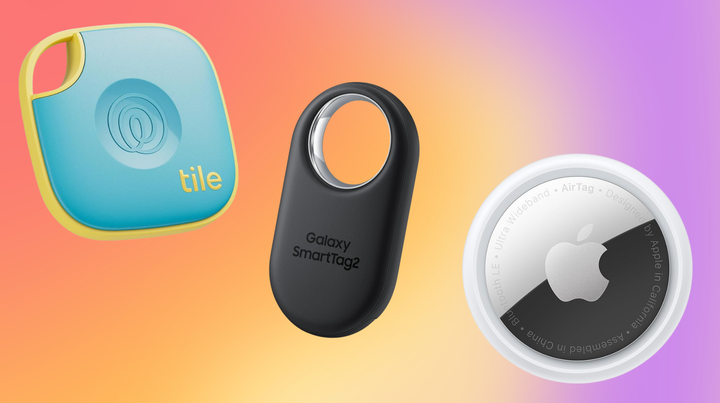 A Tile by Life360 Mate, Samsung Galaxy SmartTag2 and Apple AirTag.