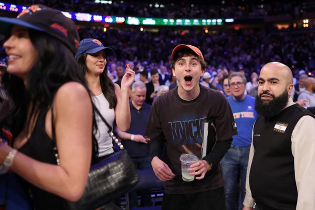 Timothée Chalamet celebrating the Knicks' performance on Monday night