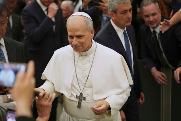 Pope Leo XIV meets members of the international media in the Paul VI Hall at the Vatican, Monday, May 12, 2025. 