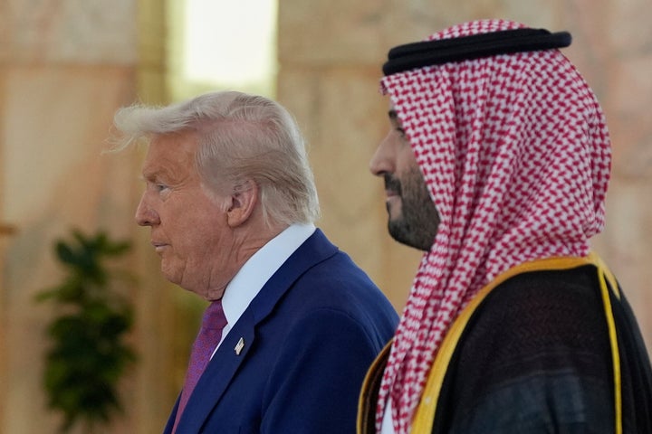 President Donald Trump arrives with Saudi Crown Prince Mohammed bin Salman for a coffee ceremony at the Royal Terminal of King Khalid International Airport in Riyadh, Saudi Arabia, on May 13, 2025.