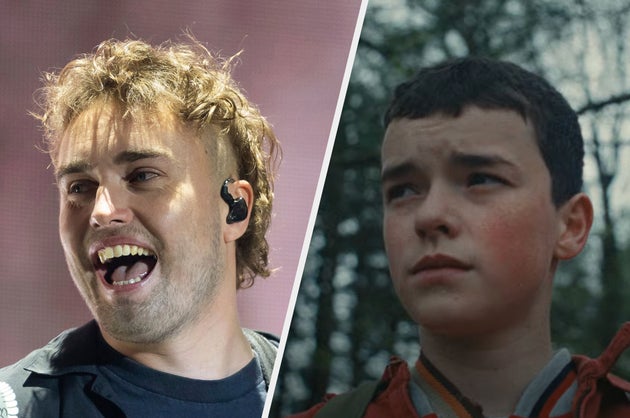 Sam Fender performing in 2023 (left) and Owen Cooper in the singer's new music video (right)