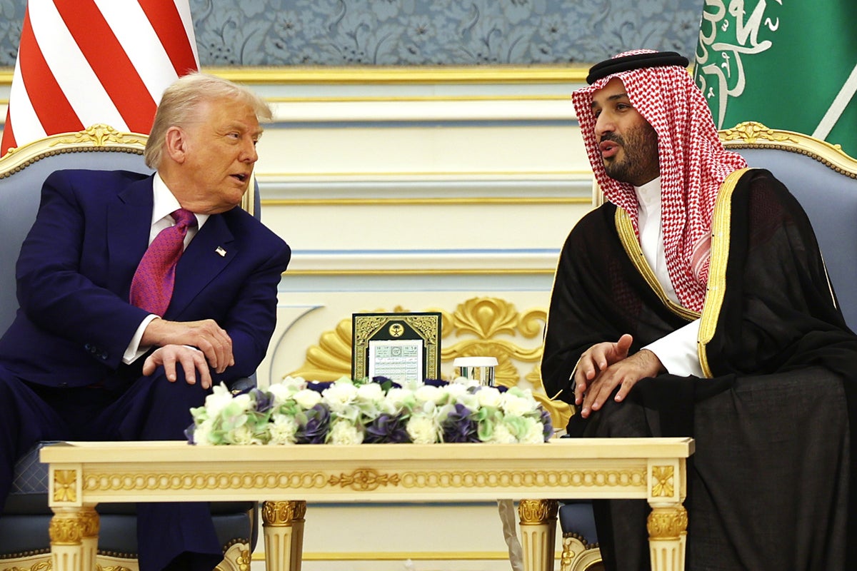 President Donald Trump meets with Saudi Crown Prince Mohammed bin Salman during a “coffee ceremony” at the Saudi Royal Court on May 13, 2025, in Riyadh, Saudi Arabia.