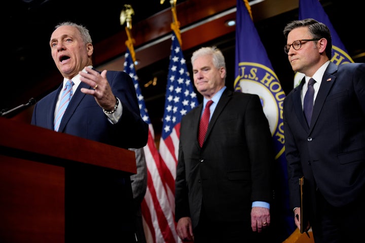 From left: House Majority Leader Steve Scalise, accompanied by House Majority Whip Tom Emmer and Speaker of the House Mike Johnson, speaks during a news conference following a House Republican conference meeting last week.