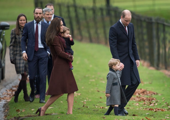 Prince William, Kate Middleton, Prince George, Princess Charlotte, Pippa Middleton and James Middleton attend church on Christmas Day on Dec. 25, 2016 in Bucklebury, Berkshire. 