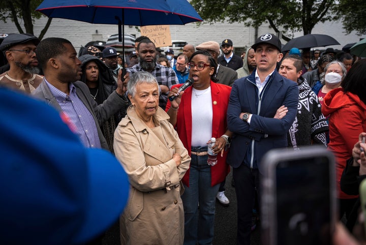 Reps. LaMonica McIver, Bonnie Watson Coleman and Robert Menendez photographed outside an ICE detention facility on Friday, May 9, 2025, in Newark, New Jersey.