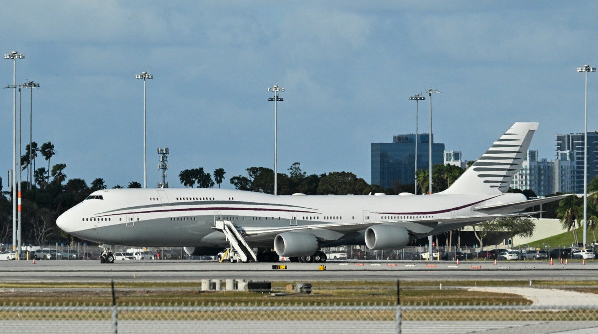 A Qatari Boeing 747 sits on the tarmac of Palm Beach International airport after US President Donald Trump toured the aircraft on February 15, 2025.