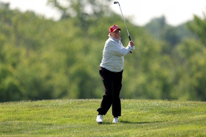 President Donald Trump plays golf at Trump National Golf Club on May 25, 2023.