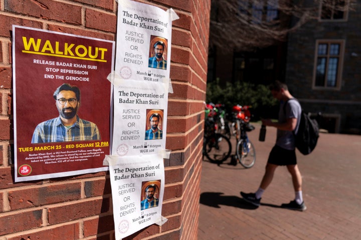 Flyers at Georgetown University in March demand that Badar Khan Suri be released from immigrant detention.