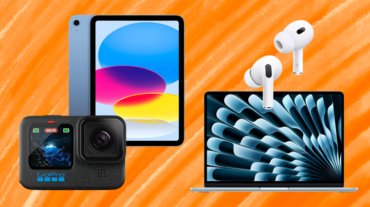A GoPro camera, Apple iPad, AirPods Pro 2 and MacBook Air laptop.