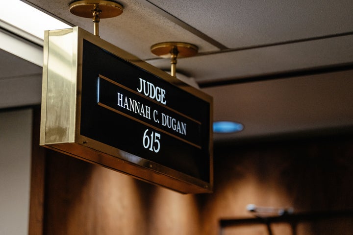 Signage reading "Judge Hannah C. Dugan" in the hallway outside of a courtroom at the Milwaukee County Courthouse in Milwaukee, Wisconsin, US, on Friday, April 25, 2025. (Photographer: Jamie Kelter Davis/Bloomberg via Getty Images)