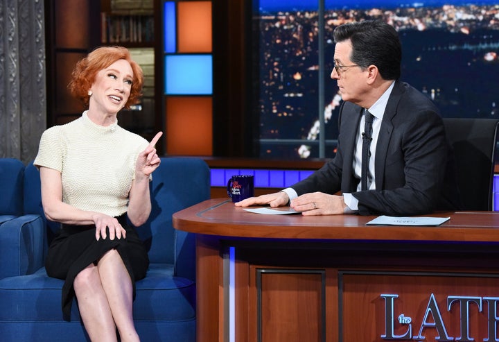 Kathy Griffin and Stephen Colbert chat on "The Late Show" on Dec. 6, 2018. On Tuesday, Griffin called Colbert's questions for her in that segment a "bullshit ambush."