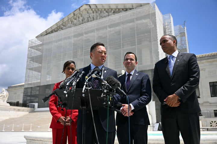 Connecticut Attorney General William Tong speaks to the press outside the Supreme Court over Trump's move to end birthright citizenship as the court hears arguments over the order in Washington on Thursday.