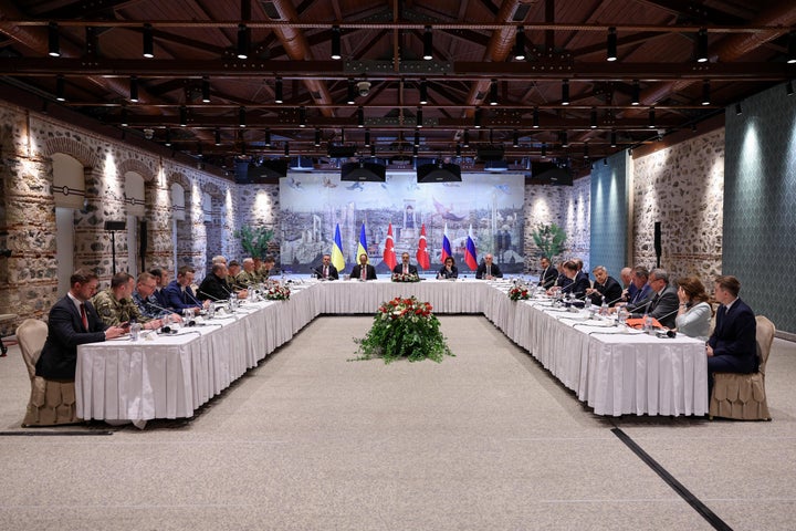 Turkish Foreign Minister Hakan Fidan chairs a Turkey-Russia-Ukraine trilateral meeting at Dolmabahce Presidential Office in Istanbul, Turkey, on May 16, 2025.