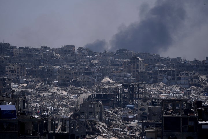 Smoke rises following an Israeli airstrike near Jabalia, northern Gaza Strip, Friday, May 16, 2025. (AP Photo/Jehad Alshrafi)